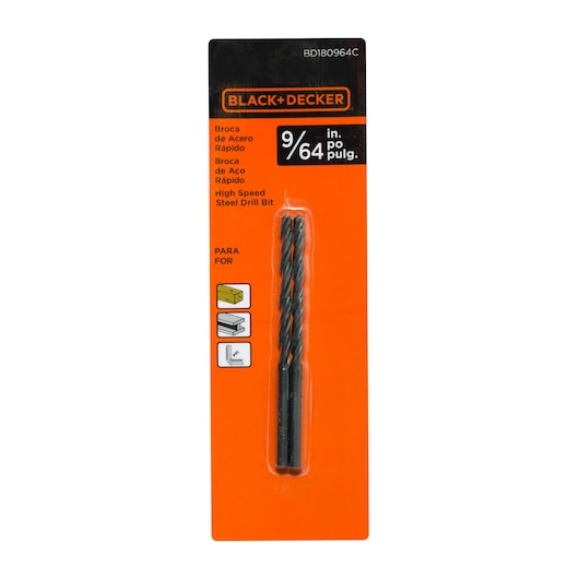 BLACK+DECKER high speed steel drill bit in its packaging, labeled 9/64 inch, suitable for drilling wood, metal, and plastic.