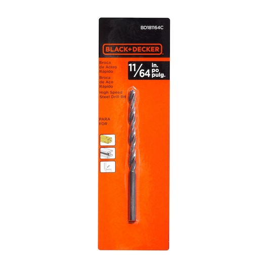 A BLACK+DECKER high speed steel drill bit in its packaging, labeled as 11/64 inch. The packaging is orange and black, showing icons for wood, metal, and plastic usage.