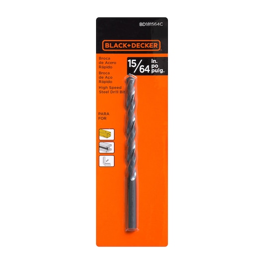 BLACK+DECKER high speed steel drill bit, size 15/64 inch, in orange and black packaging. The packaging shows the drill bit and indicates it is suitable for wood, metal, and plastic.