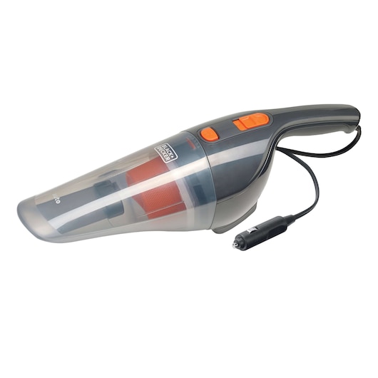 BLACK+DECKER BDCV370-LA handheld car vacuum cleaner with power cord, angled side view on white background.