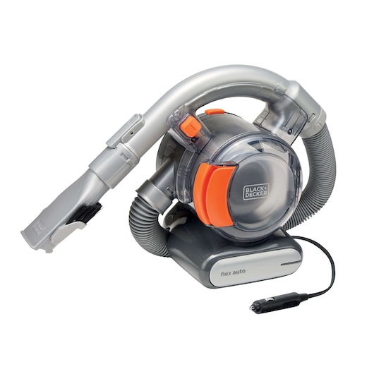 BLACKDECKER BDCV560F-LA compact car vacuum with flexible hose and orange accents, angled on white background.