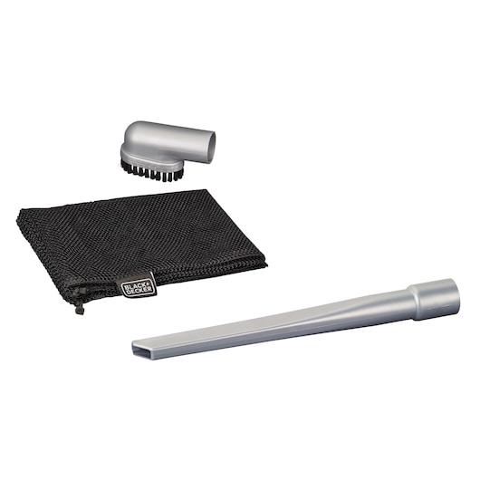 BLACK+DECKER BDCV560F-LA vacuum accessory kit with brush attachment, crevice tool, and black mesh bag, front view.