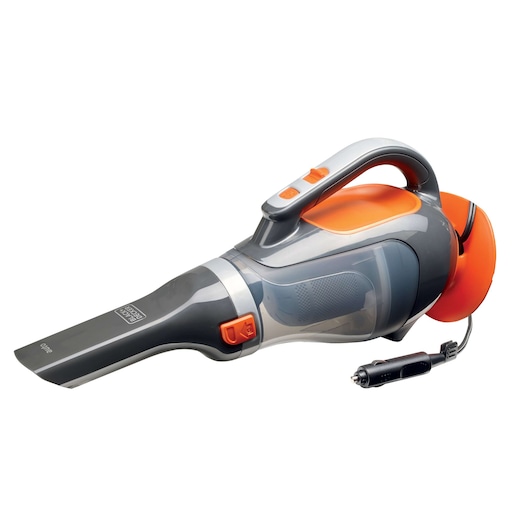 BLACKDECKER BDCV610-LA handheld car vacuum cleaner, gray and orange, side angle on white background.