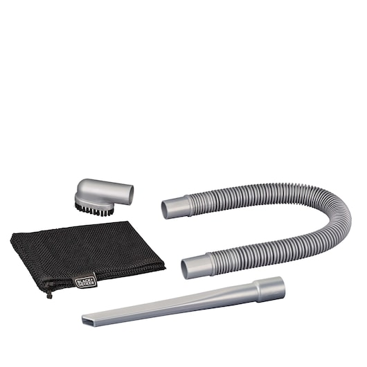 BLACKDECKER BDCV610-LA vacuum accessory kit with flexible hose, crevice tool, brush head, and black storage bag, front angle.
