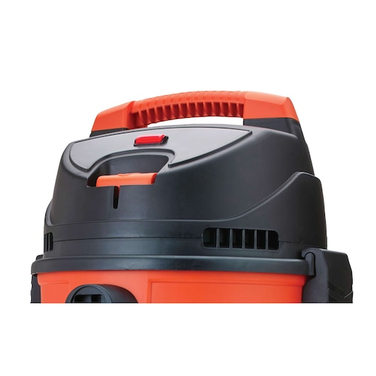 BLACKDECKER BDWD10 wet and dry vacuum top view, red and black plastic handle and controls.
