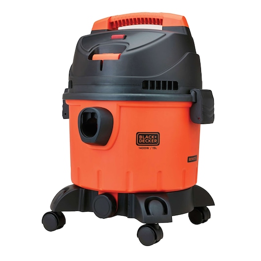 BLACKDECKER BDWD15 orange and black wet dry vacuum cleaner front angle, 1400W, 15L, on wheels.