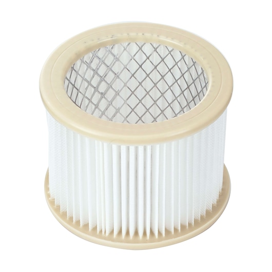 BLACKDECKER BDWD15 cylindrical pleated vacuum filter with beige plastic frame, top angle on white background.