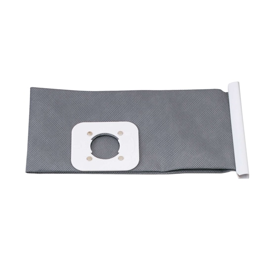 BLACKDECKER BDWD15 vacuum cleaner dust bag, gray fabric, front angle, photography on white background.