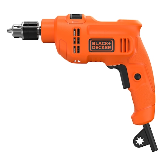 BLACK+DECKER BED710450-BR orange corded drill side angle on white background, visible chuck and key holder.