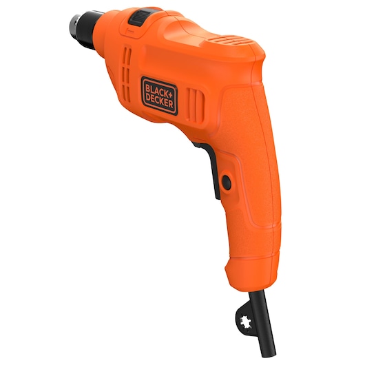 Photo of BLACK+DECKER BED710450-BR orange corded electric drill, right side angle, visible brand logo.