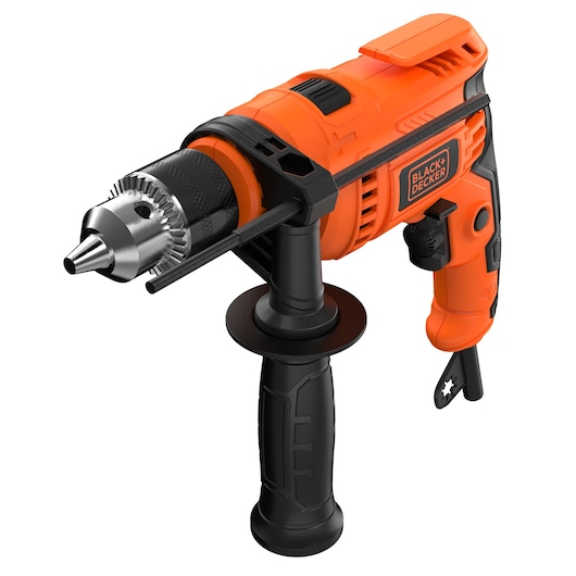 BLACKDECKER BED713650-B2 orange corded electric drill with side handle, close-up angle on white background.