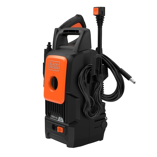 BLACK+DECKER BEPW1300 pressure washer in black and orange, showing front panel, handle, hose, and wand attachment.