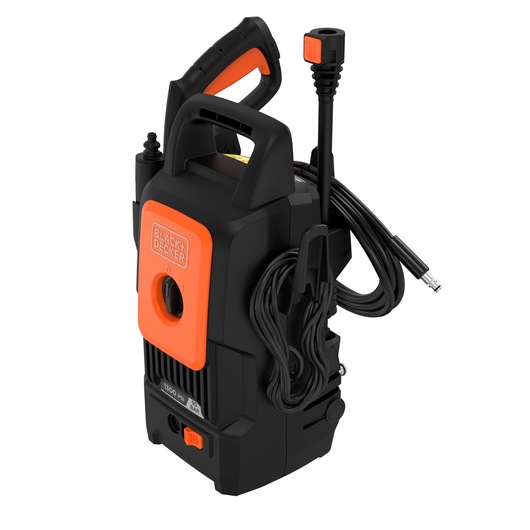BLACK+DECKER BEPW1300 portable pressure washer with ergonomic handle, orange and black design, hose, and accessories attached.