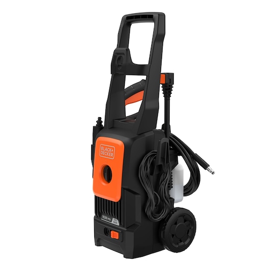 BLACK+DECKER BEPW1520L pressure washer with wheels and handle, black and orange body, coiled hose, and attached detergent bottle.