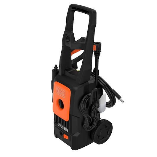 BLACK+DECKER BEPW1520L electric pressure washer in black and orange, with wheels, hose, and handle, shown standing upright.