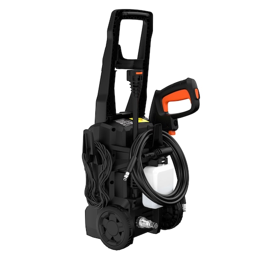 A BLACK+DECKER portable pressure washer with large wheels, a carrying handle, a hose, power cord, spray gun with orange accents, and a detergent bottle attached. The device is shown upright against a white background.