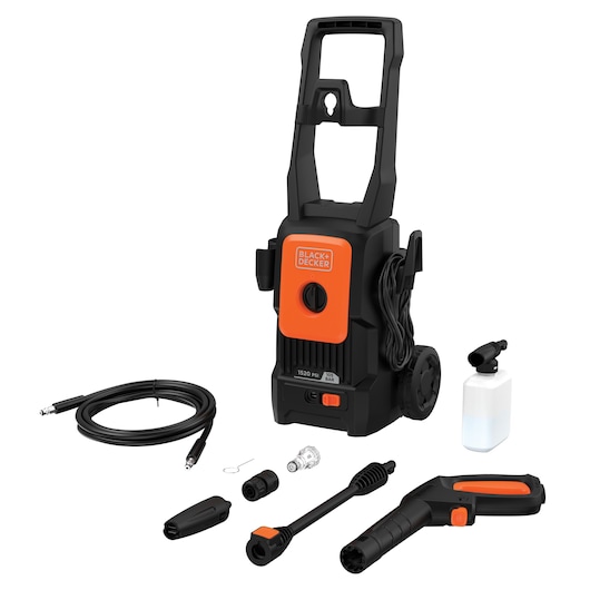 A BLACK+DECKER pressure washer model BEPW1520L in black and orange, shown with its various accessories including a spray gun, hose, nozzle attachments, and a soap bottle.