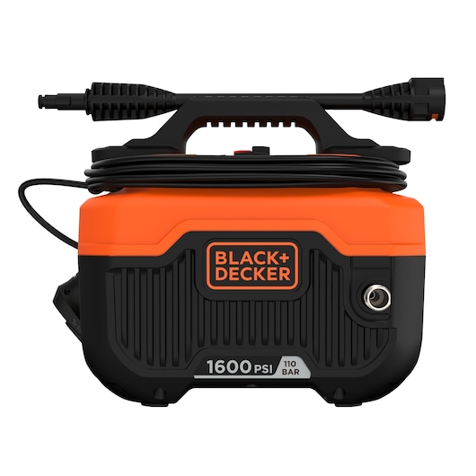 Photo of BLACK+DECKER BEPW1600H compact pressure washer, orange and black, front angle on white background.