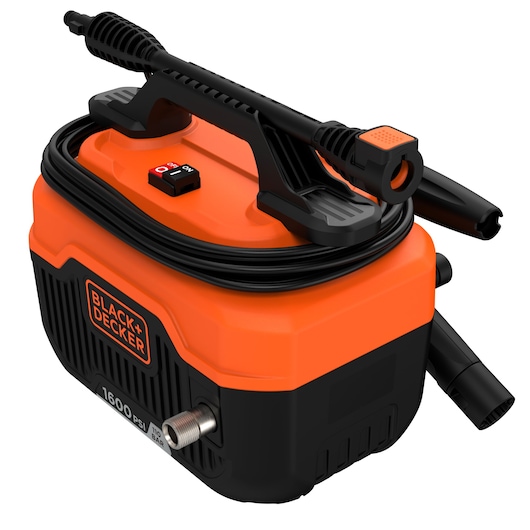 BLACK+DECKER BEPW1600H compact orange and black pressure washer, front angle view, with hose and trigger gun attached.
