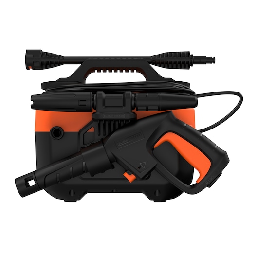 BLACKDECKER BEPW1600H compact electric pressure washer, black and orange, front view on white background.
