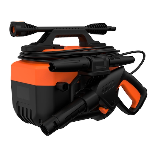 BLACKDECKER BEPW1600H compact electric pressure washer in black and orange, side angle on white background.