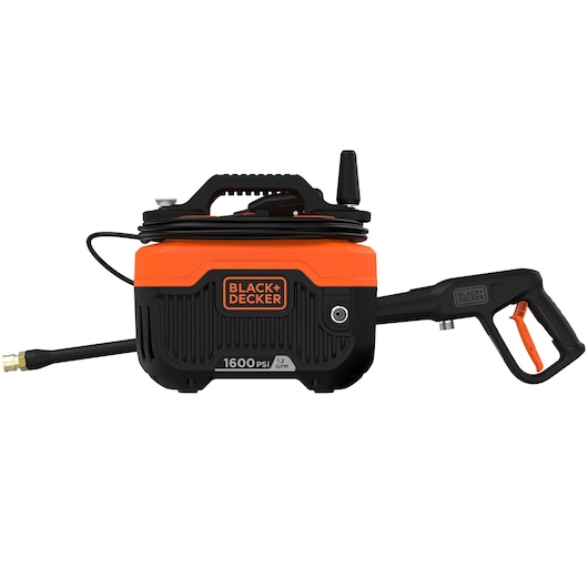 BLACK+DECKER BEPW1600H portable pressure washer, orange and black, side angle on white background.
