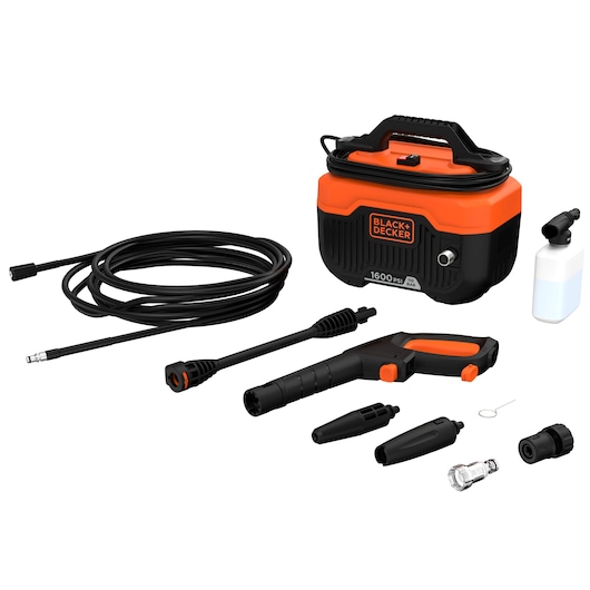 BLACK+DECKER BEPW1600H portable pressure washer kit, black and orange, with hose, spray gun, and multiple nozzles, front view.
