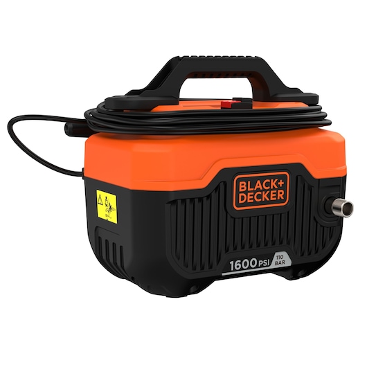 Photo of BLACK+DECKER BEPW1600H pressure washer, orange and black, with handle and hose, front angle, 1600 PSI label.