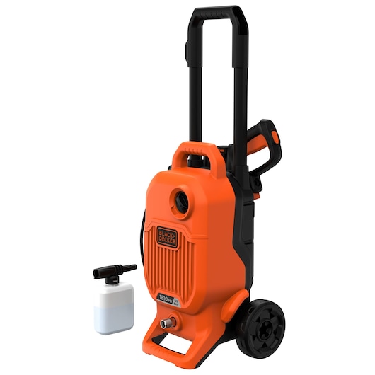 BLACK+DECKER BEPW1800T pressure washer, orange and black, front angle, with wheels and foam bottle attachment.