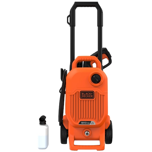 Front view of BLACK+DECKER BEPW1800T orange pressure washer with bottle attachment and two large wheels.