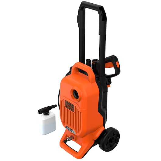 Photo of BLACKDECKER BEPW1800T pressure washer in orange with wheels and handle, shown with detergent bottle, front angle.