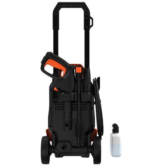 Photo of BLACKDECKER BEPW1800T pressure washer, black with orange accents, front view, wheels and handle, soap bottle beside.
