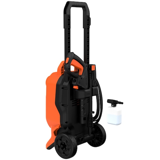 BLACKDECKER BEPW1800T pressure washer with orange and black body, upright handle, wheels, and detachable detergent bottle, front angle.
