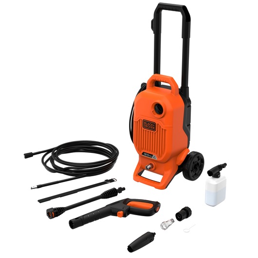 Photo of BLACKDECKER BEPW1800T orange pressure washer with handle, wheels, hose, spray gun, lance, nozzle, and accessories on white background.