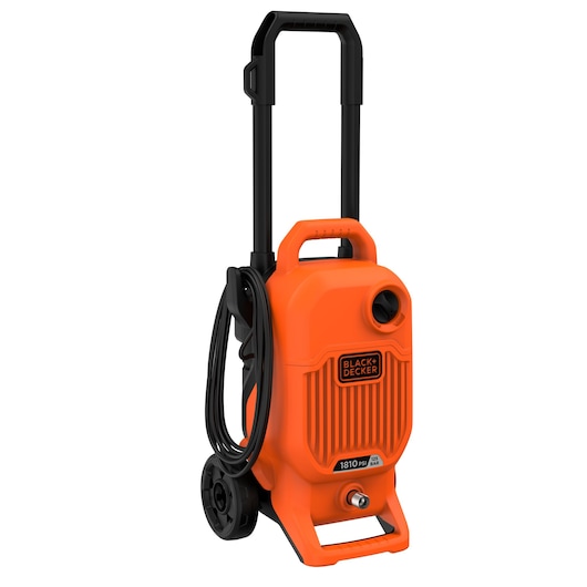 BLACKDECKER BEPW1800T orange pressure washer with wheels and black handle, front angle on white background.
