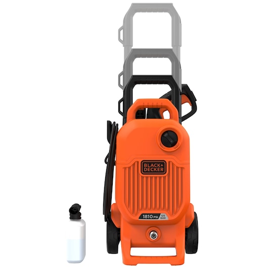 BLACKDECKER BEPW1800T pressure washer with orange body and adjustable handle, shown front view with soap bottle.