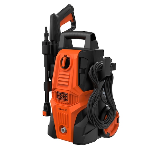 Photo of BLACKDECKER BEPWB1740 pressure washer, orange and black with hose and nozzle, front angle on white background.