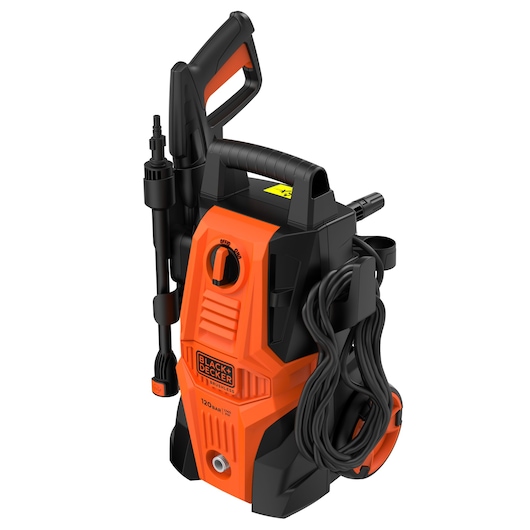 BLACKDECKER BEPWB1740 pressure washer front angle, orange and black body, hose and spray handle attached.
