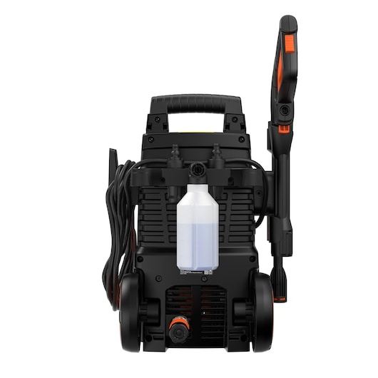 BLACKDECKER BEPWB1740 pressure washer, black and orange, rear view with hose, spray gun, and detergent bottle.