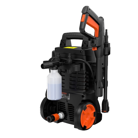 BLACKDECKER BEPWB1740 pressure washer with black and orange body, detergent bottle, and accessories, front angle.