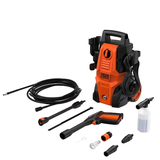 BLACKDECKER BEPWB1740 pressure washer in black and orange, with accessories including hose, spray gun, nozzles, and detergent bottle, front angle.