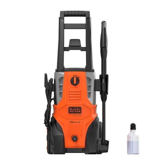 BLACK+DECKER BEPWB2000 pressure washer front angle, orange and black body, with attached spray wand and detergent bottle.