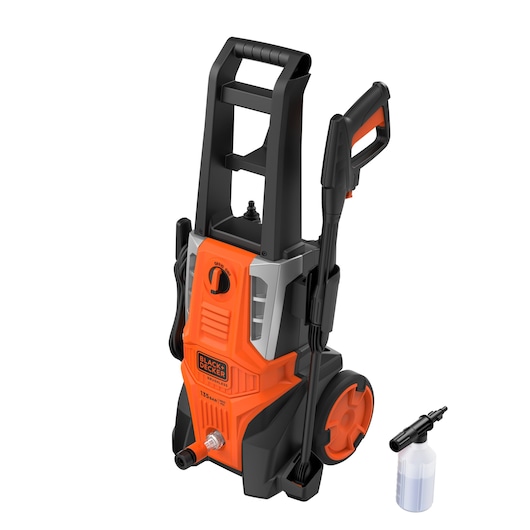 BLACKDECKER BEPWB2000 orange and black pressure washer with detachable spray bottle, front angle on white background.