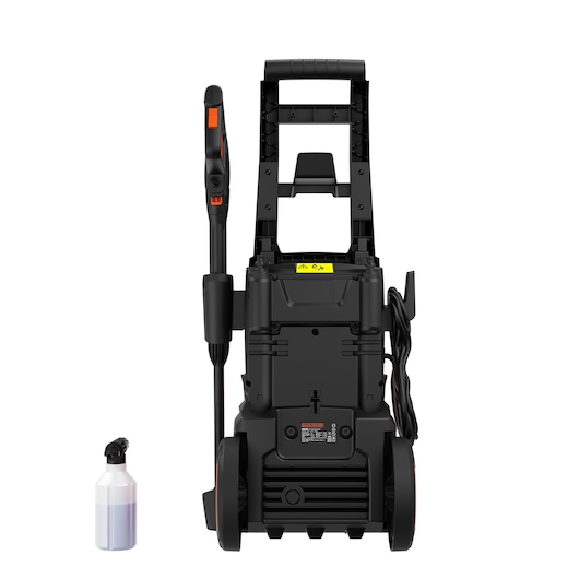 Photo of BLACKDECKER BEPWB2000 pressure washer black with orange accents, accessory bottle, rear view on white background.