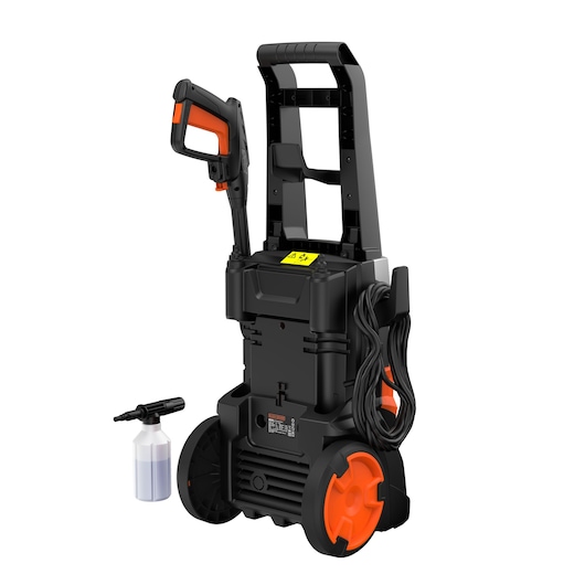 Photo of BLACKDECKER BEPWB2000 pressure washer with orange wheels and cleaning bottle, rear angle on white background.