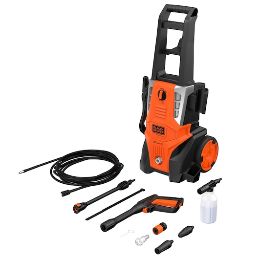 BLACKDECKER BEPWB2000 orange and black pressure washer with hose, spray gun, nozzles, and accessories, front angle.