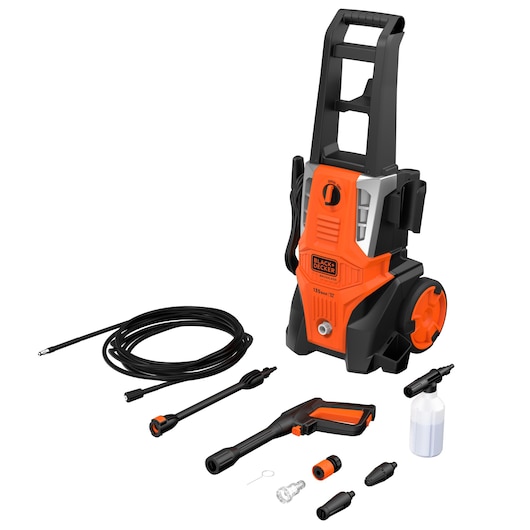 BLACKDECKER BEPWB2000 pressure washer set with accessories, orange and black, front angle on white background.