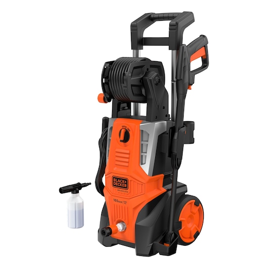 BLACK+DECKER BEPWB2400 pressure washer, orange and black, with hose reel, soap bottle, upright angle, white background.