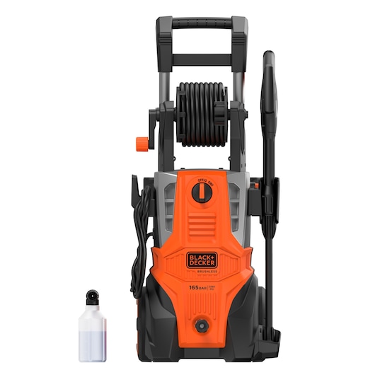 Photo of BLACK+DECKER BEPWB2400 pressure washer, front angle, orange and black, hose reel, spray gun, and detergent bottle.