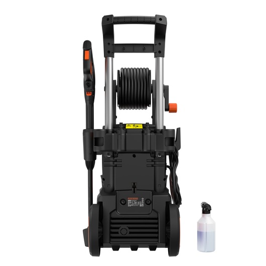 BLACKDECKER BEPWB2400 pressure washer front view with hose reel, spray gun holder, and detergent bottle on white.